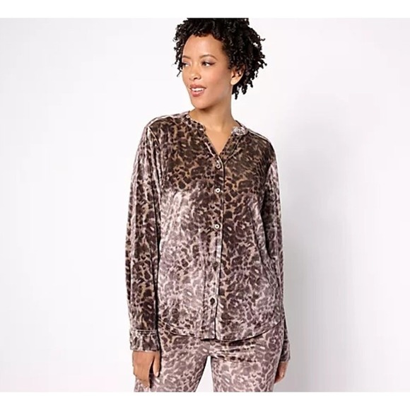 Isaac Mizrahi Top Womens M Brown Animal Print Stretch Velvet Button Front - Picture 1 of 7